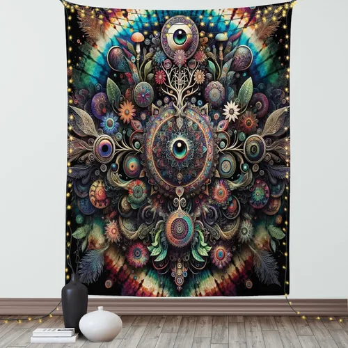 Vista 173 de Ambesonne Tapiz Trippy, vista panorámica de la cascada con bosques de ensueño y mandala oriental psicodélico, decoración de tela para colgar
