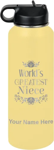 Vista 70 de LaserGram Botella de agua con tapa abatible de doble pared de 12 onzas con pajilla, sobrina más grande del mundo, grabado personalizado incluido