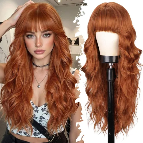 Vista 20 de Lativ Peluca castaña con flequillo para mujer, larga, ondulada, sintética Beginner Friendly,Natural Looking,Silky Smooth Texture,Heat Resistant