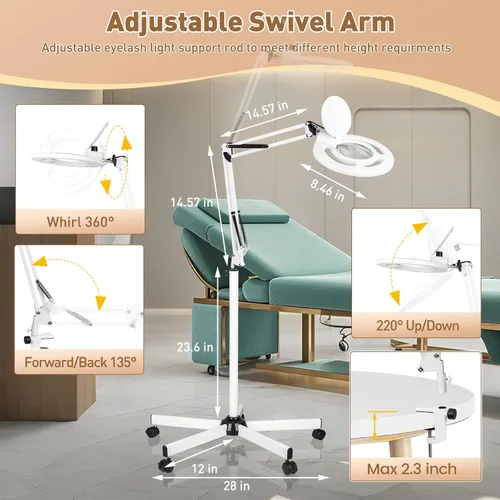 Vista 5 de HITTI 10X - Lupa esteticista de luz, color blanco 2200 lúmenes, regulable continuo, base rodante de 5 ruedas, lámpara Mag iluminada con LED
