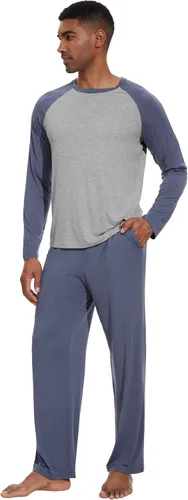 Vista 20 de WiWi Conjunto de pijama de viscosa de bambú para hombre, ropa de dormir de manga larga, ropa de dormir de punto, 2 piezas, conjuntos de ropa