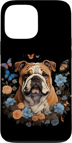 Vista 24 de Funda para iPhone 16 Bulldog Inglés con Flores y Mariposas