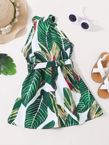 Vista 2 de SHENHE Vestidos cortos de corte A para niña con estampado tropical, halter sin mangas, lazo en la cintura