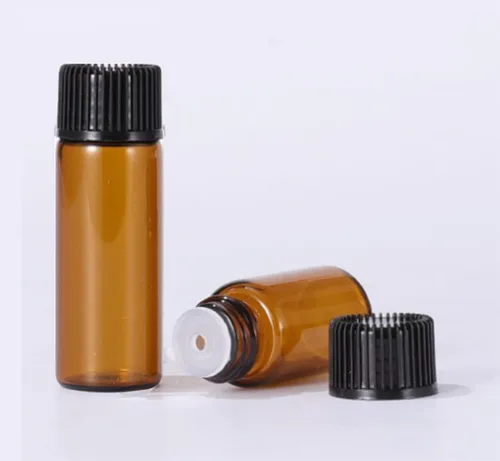 Vista 2 de 10 botellas de vidrio ámbar de 0.17 onzas líquidas con reductor de orificio y tapa de rosca para aceite esencial, perfume, líquido, viales