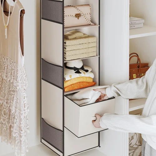 Vista 5 de YOUDENOVA Organizador colgante de armario, estantes colgantes de armario de 5 niveles con 6 bolsillos laterales y 2 cajones, color beige