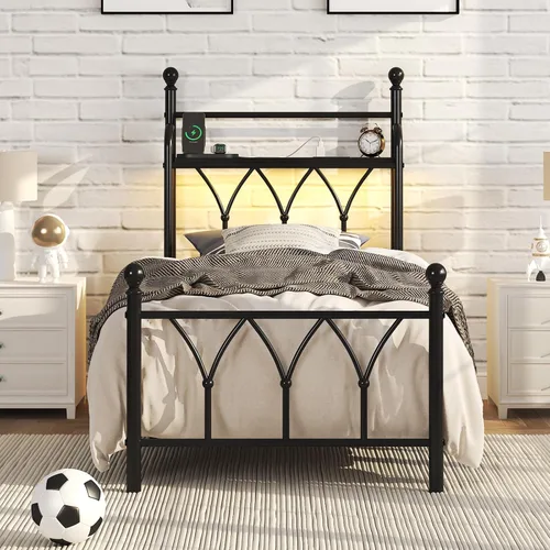 Vista 7 de E-Ser Marco de cama de plataforma de metal tamaño twin con cabecera de almacenamiento, marco de cama con luz LED, estación de carga integrada