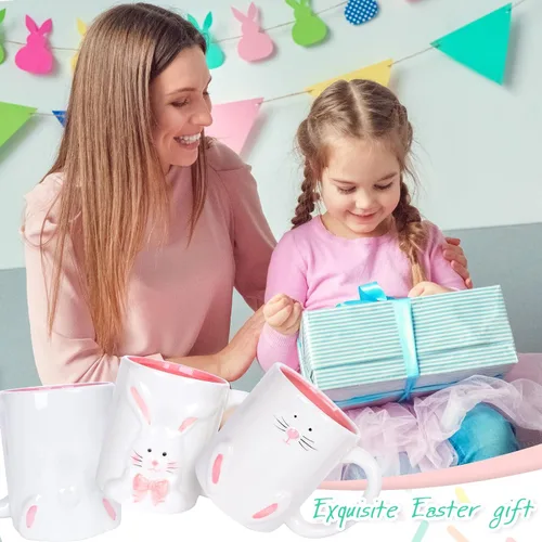 Vista 4 de Whaline 2 tazas de Pascua con asa de 12 onzas, conejo de cerámica, taza de café blanca y rosa para cumpleaños, baby shower, fiesta, decoración