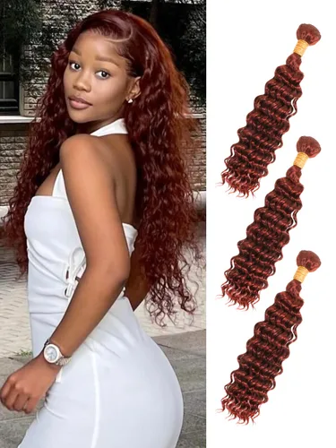 Vista 34 de Cabello Humano Rizado Castaño Rojizo, Trama Gruesa Castaño Cobrizo Rojo Coloreado Ondas Profundas Paquetes Individuales Cabello Humano 12A Tejido