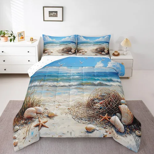 Vista 9 de Erosebridal Edredón náutico costero, juego de ropa de cama y colecciones de playa de verano, estilo clásico, edredón de plumón oceánico
