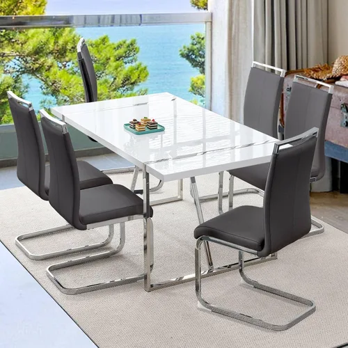 Vista 32 de Mesa de comedor Ebullient para 4, mesa de comedor rectangular negra de MDF, tapa de mesa de cena de mármol falso, mesa de comedor moderna con marco