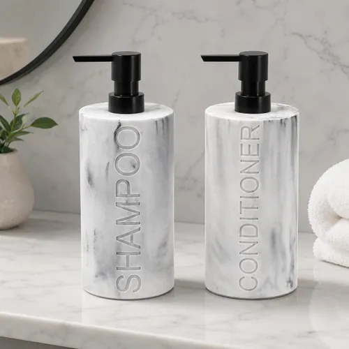 Vista 27 de Paquete de 2 botellas recargables de resina negra mate para champú y gel de baño – Juego de dispensadores de bomba modernos para baño, recipientes