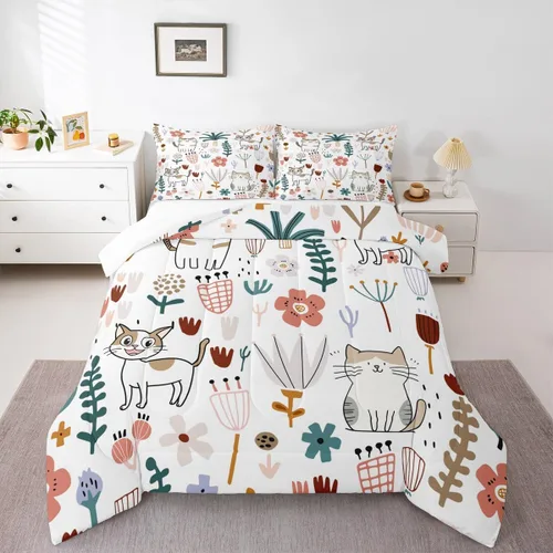 Vista 16 de Feelyou Juego de edredón de dibujos animados de gatos, juego de edredón de gatitos y flores, para niños, niñas, adolescentes, mascotas, gatos, juego
