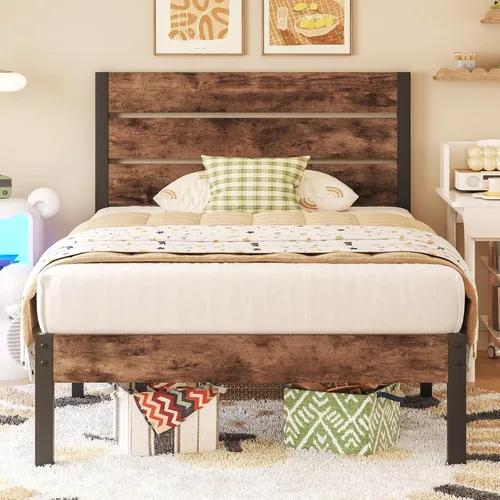 Vista 12 de Fluest Base de cama con cabecera y estribo, con almacenamiento debajo de la cama, sistema de soporte totalmente metálico, no necesita somier, fácil