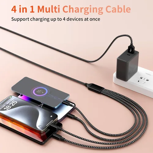 Vista 7 de Cable de carga múltiple, doble tipo C, cable de carga múltiple de nailon trenzado 4 en 1, cable de carga multi USB con puertos IP/tipo C/micro USB
