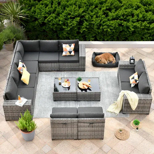 Vista 13 de ovios Juego de muebles de patio de 6 piezas, sofá seccional de mimbre para exteriores con mesa auxiliar, cómodos cojines, moderno sofá modular Beige