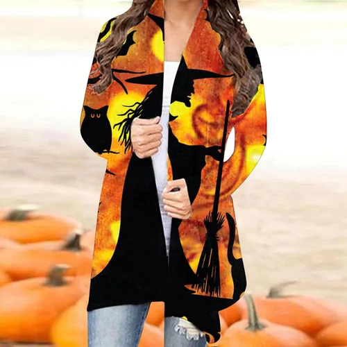 Vista 3 de symoid Disfraces de Halloween para mujer, estampado de araña gótica, manga larga, frente abierto, cárdigan de tela de araña, trajes de vacaciones