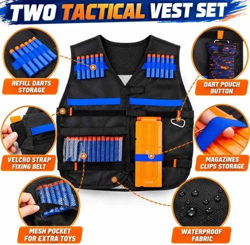 Vista 2 de Paquete de 2 chalecos tácticos para niños, juego de pistolas Nerf N-Strike Elite Series Wars con dardos de repuesto, clips de recarga, bolsa