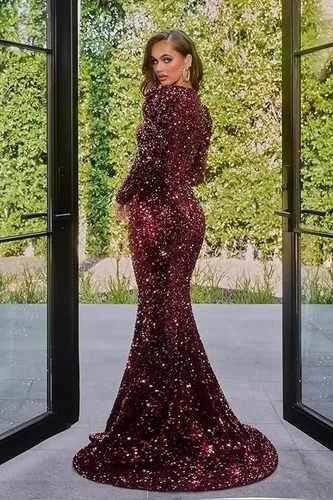 Vista 2 de Miao Duo Vestido de fiesta de sirena de manga larga para mujer con tren elástico brillante lentejuelas vestidos de noche formales YZTS090