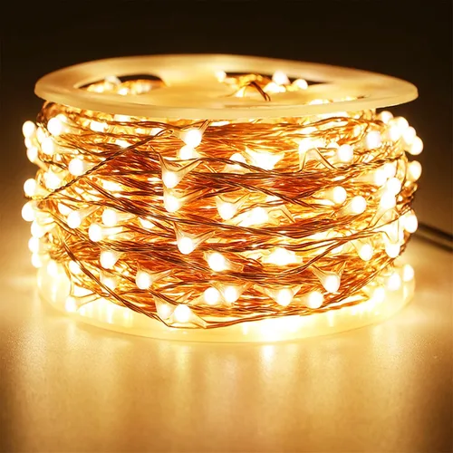 Vista 2 de RUICHEN Guirnalda de luces de alambre de cobre enchufable súper larga de 165 pies, 500 luces LED estrelladas con carrete, blanco cálido