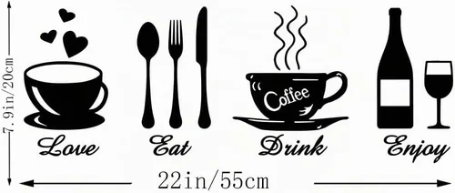 Vista 3 de Eat Love Drink Enjoy Kitchen Tenedor Cuchara Cuchillo Letrero Logo Calcomanías de Pared Citas Letras Pegatinas Comedor Restaurante Sala de estar DIY