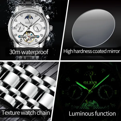 Vista 7 de OLEVS Reloj automático (no requiere batería) Relojes de pulsera para hombre, relojes mecánicos de cuerda automática, reloj clásico de esqueleto