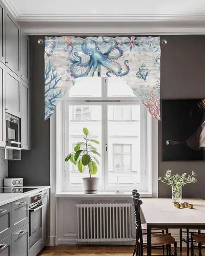 Vista 4 de Cortinas de cocina con cenefa de pulpo costero, con bolsillo para barra, paneles de cortina para dormitorio, sala de estar, baño, cafetería