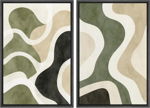 Vista 52 de Ashbrook - Set de arte de pared en lienzo enmarcado, tonos orgánicos de la tierra en beige y marrón con ilustraciones de trazos circulares, arte