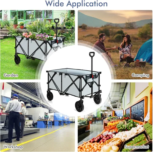 Vista 9 de S AFSTAR Carrito plegable de jardín, con mango ajustable y ruedas universales, carrito plegable resistente para material agrícola, juguetes, Gris