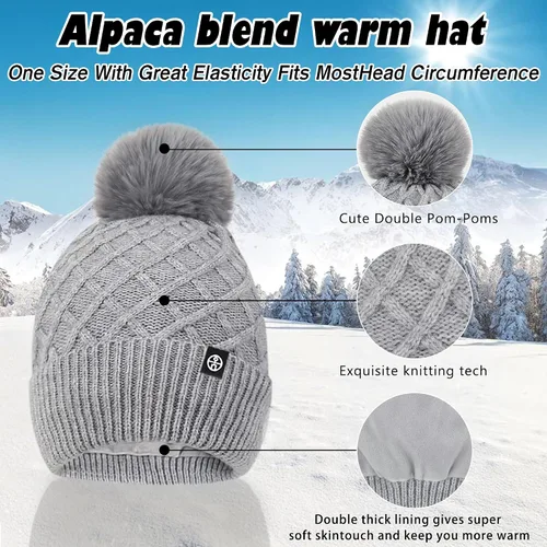 Vista 4 de Gorros de invierno para mujer, bufanda, guantes para pantalla táctil, juego cálido con patrón de cuadrícula, gorro holgado de punto con forro polar