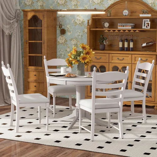 Vista 13 de Farmhouse - Juego de mesa de comedor de 5 piezas, mesa de comedor redonda extensible con 4 cómodas sillas tapizadas, juego de muebles funcionales