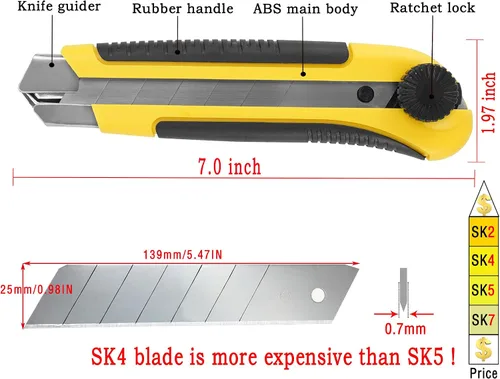 Vista 2 de Cuchillo utilitario extra resistente de 0.984 in, 3 unidades, cuchillo Exacto, cortador de caja, cuchillo de construcción, cuchillo retráctil de 1