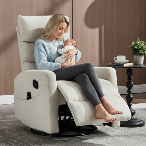 Vista 9 de Silla reclinable giratoria de 360° con masaje y calor, respaldo alto con relleno, silla mecedora tapizada para cuarto de bebé, sala de estar