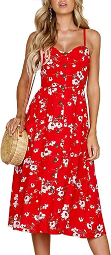 Vista 31 de Angashion - Vestido floral de verano estilo bohemio para mujer, con botones, bolsillos y tiras ajustables