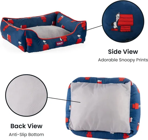 Vista 7 de Berkshire Peanuts® Cama para perros y gatos, almohadilla de felpa de forro Poses de casa para perros Snoopy regular azul marino