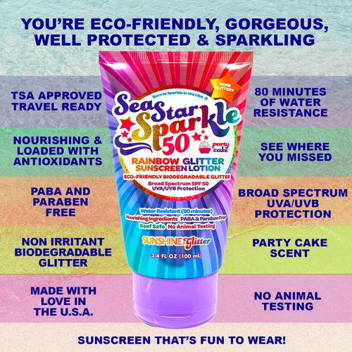 Vista 5 de Sea Star Sparkle Pastel de fiesta Protector solar con purpurina biodegradable SPF 50 para niños Arco iris Amplio espectro UVA/UVB