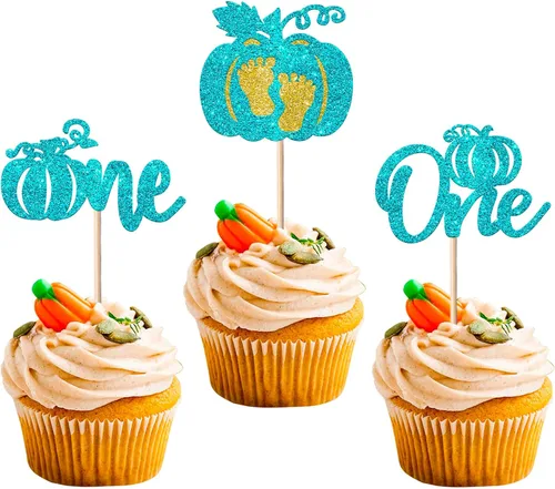 Vista 15 de Paquete de 24 adornos para cupcakes de calabaza con purpurina para cupcakes de calabaza para Acción de Gracias, baby shower, decoración de cupcakes