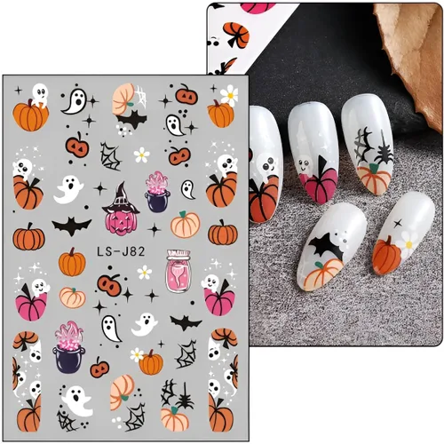 Vista 2 de 6 hojas de calcomanías de arte de uñas de Halloween, lindas calcomanías de fantasma, 3D, autoadhesivas, telaraña, murciélago, calabaza, decoración