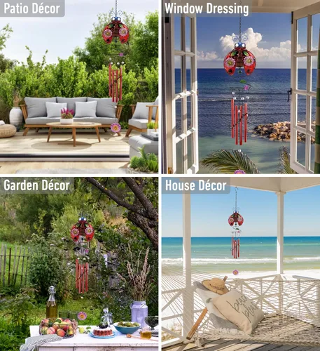 Vista 3 de CoTa Global Campanilla de viento de mariquita – Campana de vidrio y metal hecha a mano – Decoración colgante de vida salvaje – Regalo colorido