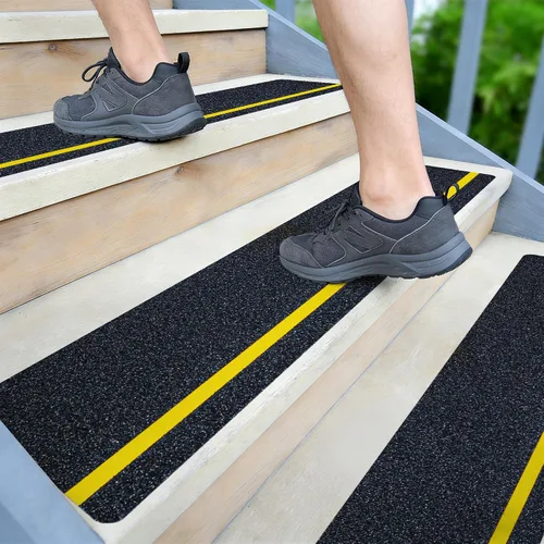 Vista 11 de LifeGrip - Peldaños de tracción antideslizantes (paquete de 10), 4 x 28 pulgadas, amarillo y negro, cinta de mejor agarre con textura