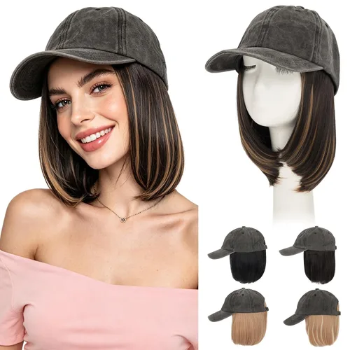Vista 36 de Hairro Peluca de gorra de béisbol con cabello adjunto, corto estilo Bob ajustable, extensiones de cabello sintético para mujeres, balayage
