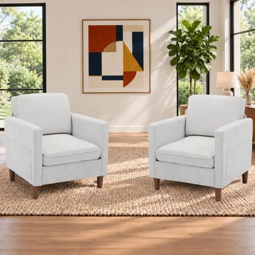 Vista 28 de Kingfun Juego de 2 sillas decorativas, sillas de sala de estar, sillón de lectura de mediados de siglo, felpilla con pie de madera maciza