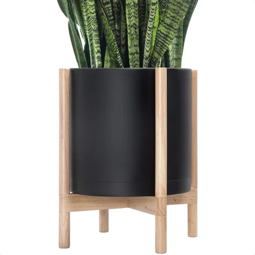 Vista 37 de Maceta de D'vine Dev con soporte - Maceta de flores de cilindro de plástico de 8.0 pulgadas con soporte de madera para interiores, maceta mate negra