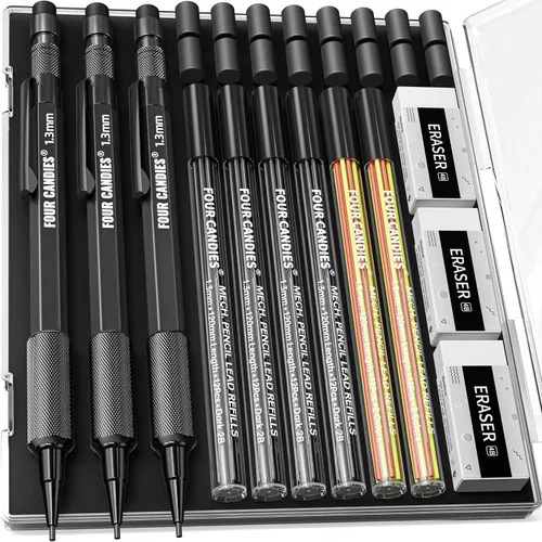 Vista 14 de Four Candies Juego de lápices mecánicos de 1.3mm con 24 repuestos de plomo, lápiz de carpintero de metal resistente a la intemperie para uso pesado
