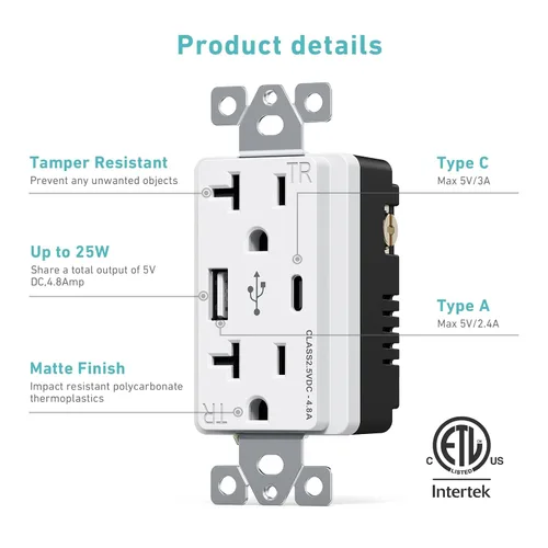 Vista 3 de WEBANG Toma USB C, 25 W 4.8 Amp 2 puertos USB receptáculo, toma de pared resistente a manipulaciones de 20 A con puertos USB C, placa de pared sin