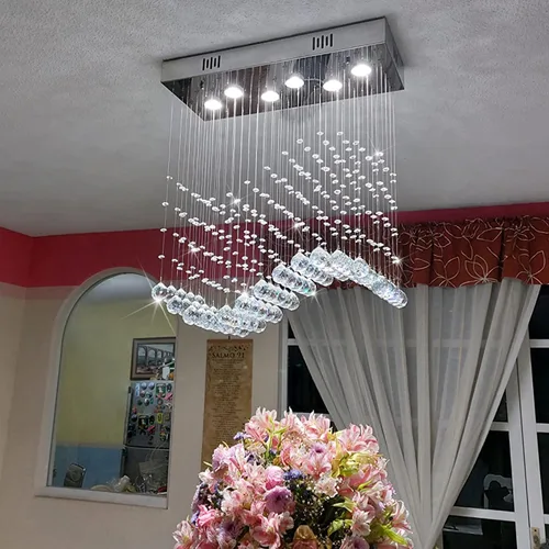 Vista 4 de Araña moderna de onda, araña rectangular de cristal con gotas de lluvia, montaje empotrado, lámpara colgante de techo cromada, ideal para comedor