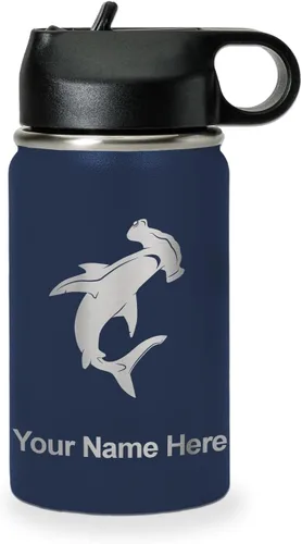 Vista 17 de LaserGram Botella de agua personalizada, tiburón martillo, acero inoxidable de doble pared aislada al vacío con popote superior, regalo grabado