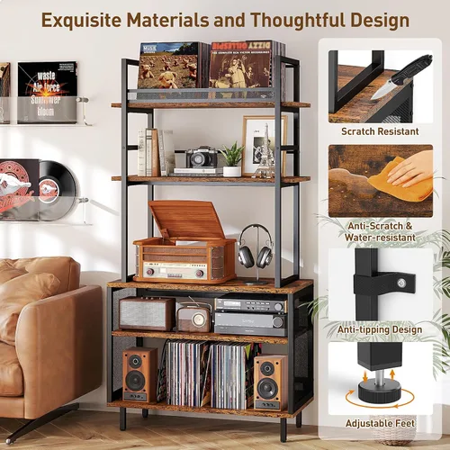 Vista 4 de ikkle Soporte grande para tocadiscos con estante de almacenamiento de vinilo, mesa de tocadiscos de 5 niveles de alto con estante de exhibición