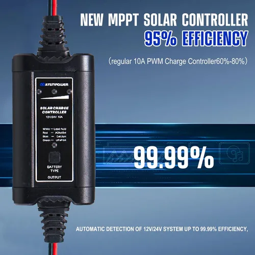Vista 4 de ATEM POWER - Controlador de carga solar MPPT de 10 A, controlador de panel solar portátil inteligente de 12/24 voltios para paneles solares