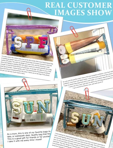 Vista 4 de COSHAYSOO Bolsa de Maquillaje Transparente con Protección Solar, Bolsa de Protector Solar con Parches de Letras, Accesorios Esenciales de Playa