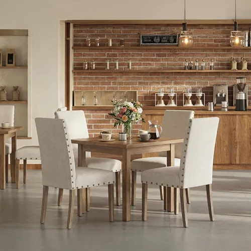 Vista 4 de Juego de sillas de comedor Parsons para cocina, tapizadas, modernas, de tela con respaldo alto y ribete de cabeza de clavo en bronce, paquete de 2